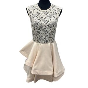 Xenia Boutique Lace Dress Women's Size 6 Champagne Zip Tiered Ruffle Sleeveless